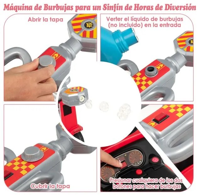 Andador Carro de bombeiros de brinquedo para crianças dos 18 aos 36 meses com função de bolha Música Sirene Carrinho de empurrar 82 x 82 x 45 cm Verme