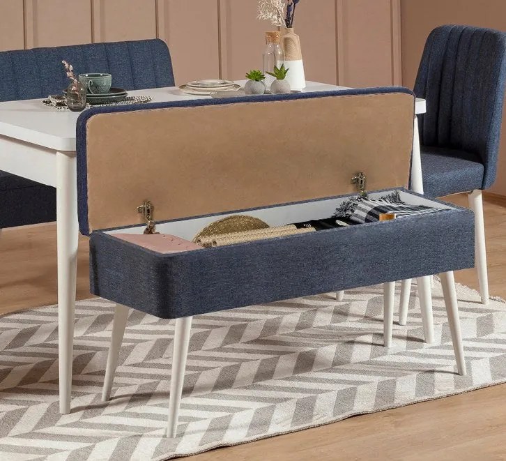 Conjunto de Mesa de Jantar Extensível e Cadeiras Vina – Branco e Azul