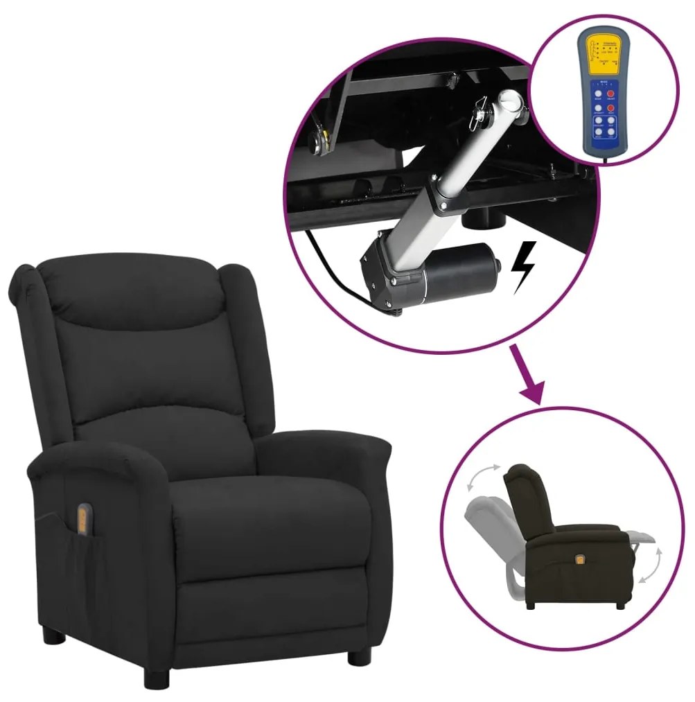 vidaXL Poltrona elevatória de massagens tecido de microfibra preto