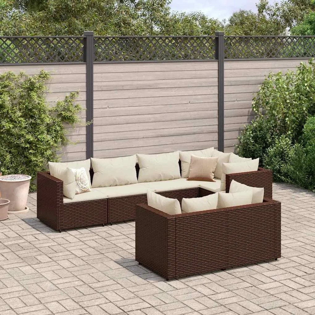 7 pcs conjunto lounge de jardim c/ almofadões vime PE castanho