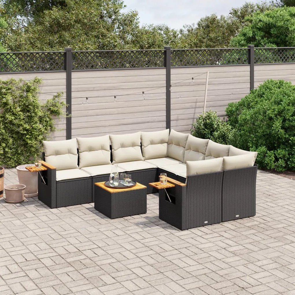 9 pcs conjunto de sofás p/ jardim c/ almofadões vime PE preto