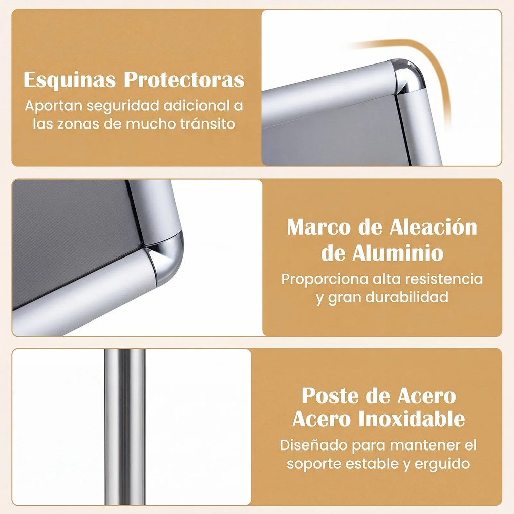 Conjunto de 2 Suportes de Chão para Cartazes A4, 30 x 21 x 81-131 cm, Altura Ajustável, Prateado