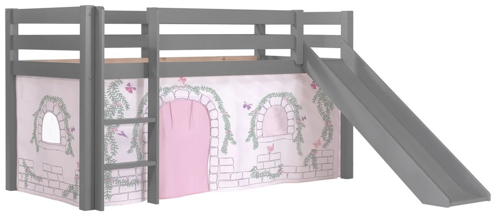 Conjunto Cama alta de Criança PINO 90 x 200 cm + estrado + escada + escorrega + tunel + cortina Passaros Cinzenta