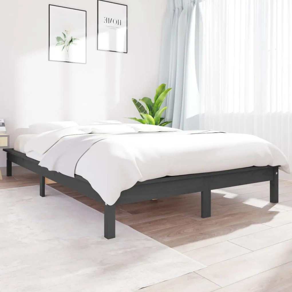 Estrutura de cama casal 135x190 cm pinho maciço cinza