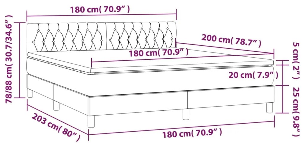 Cama box spring c/ colchão/LED 180x200 cm veludo verde-escuro