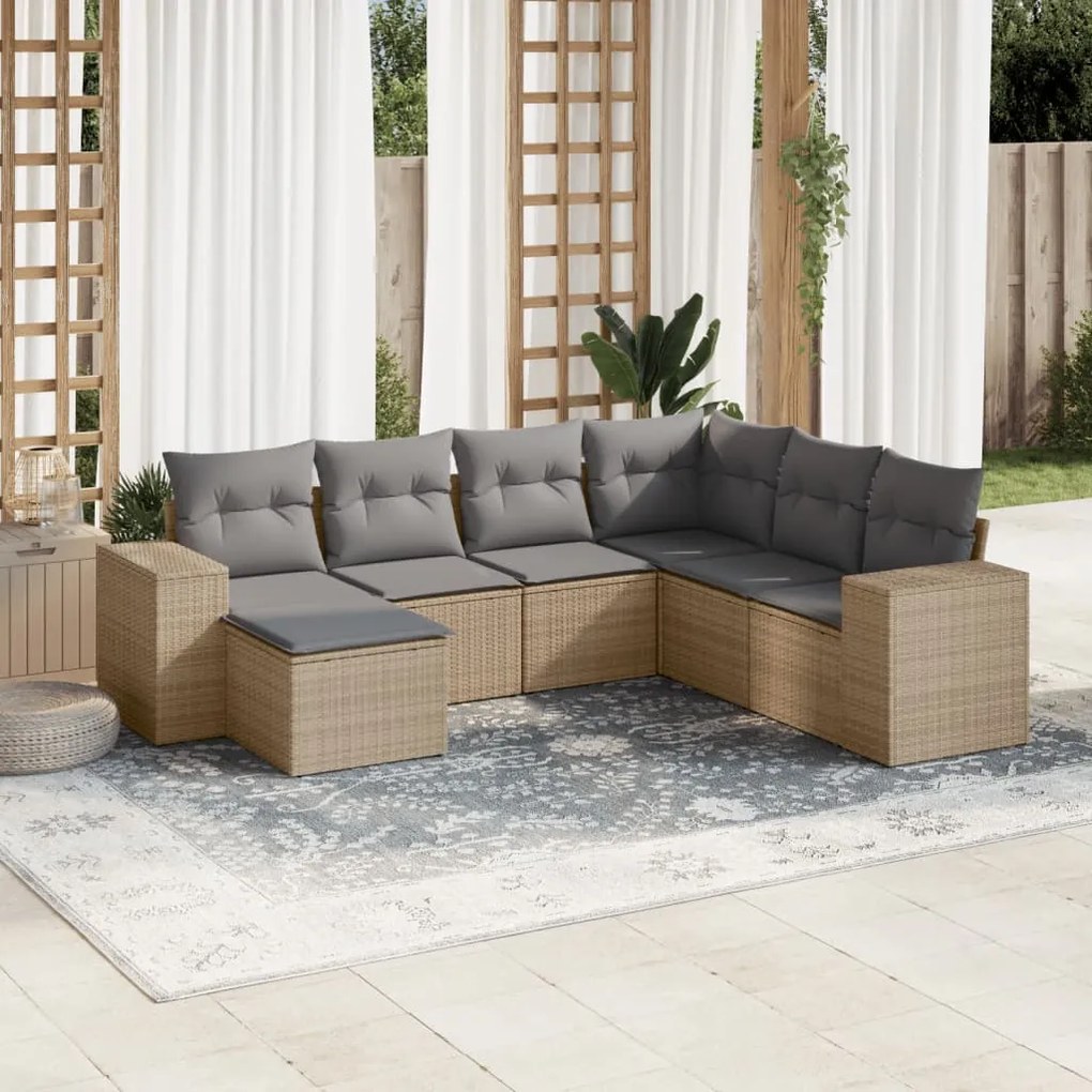 vidaXL 7 pcs conjunto de sofás p/ jardim com almofadões vime PE bege