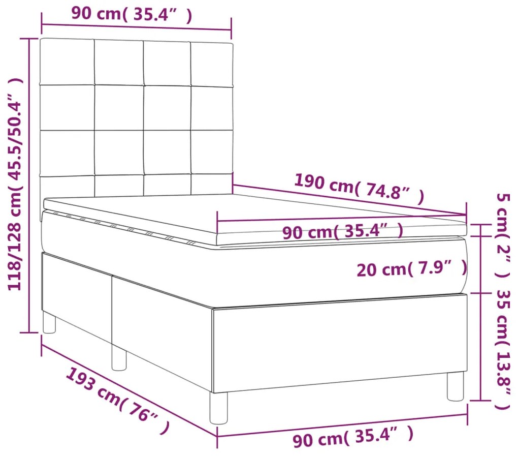 Cama box spring c/ colchão/LED 90x190 cm veludo rosa