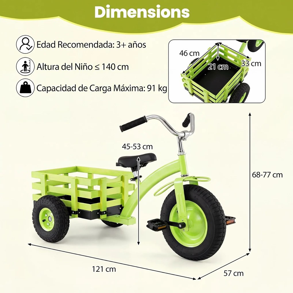 Triciclo Infantil Evolutivo, 117 x 55 x 68 cm, Assento e Guiador Ajustáveis, Verde