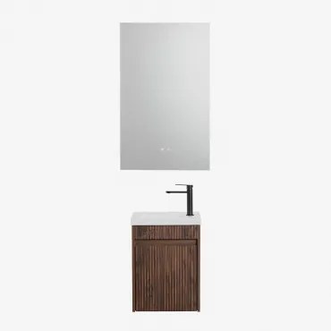 Conjunto De Móvel De Casa De Banho Suspenso Em Madeira Com Lavatório Integrado Narek Retangular Led E Anti-embaciamento 55x90 Cm Riben & Madeira Escur