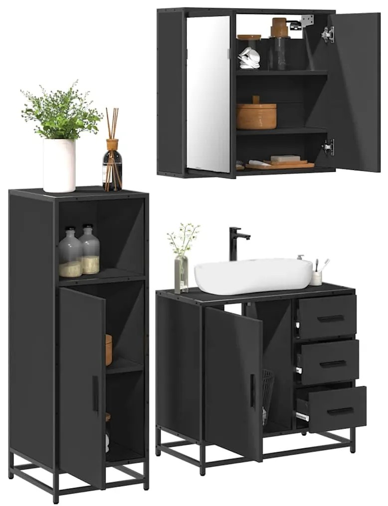 vidaXL 3 pcs conjunto móveis casa de banho derivados de madeira preto