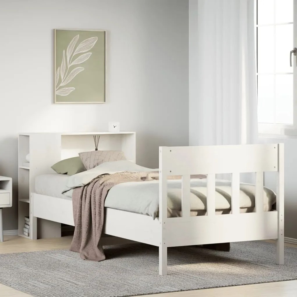 vidaXL Cama com estante sem colchão 90x190 cm pinho maciço branco