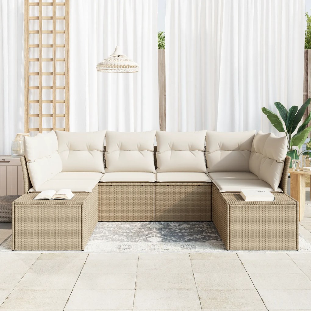 Conjunto de Sofá de Jardim de 6 Peças com Almofadas em Rattan Bege