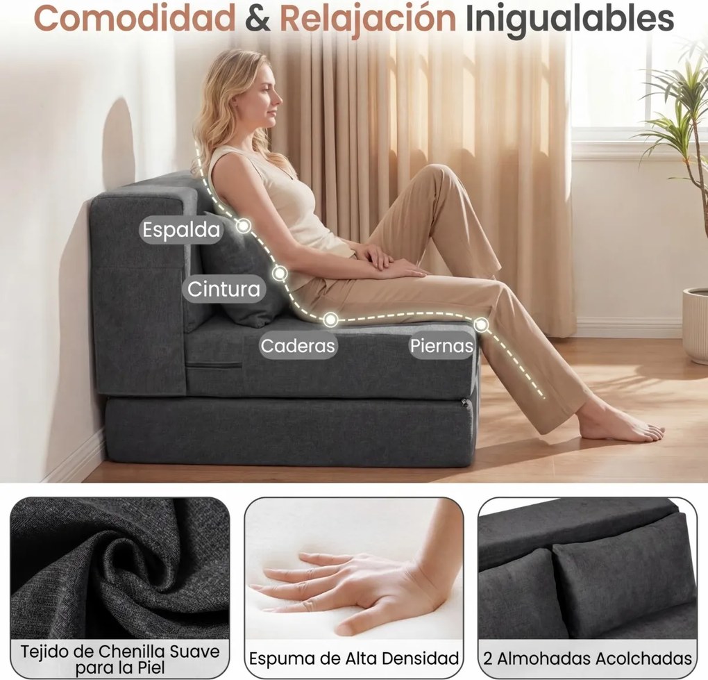 Sofá-cama futon dobrável grande 3 em 1 com 2 almofadas, tecido de chenille , para sala, quarto ou escritório cinzento