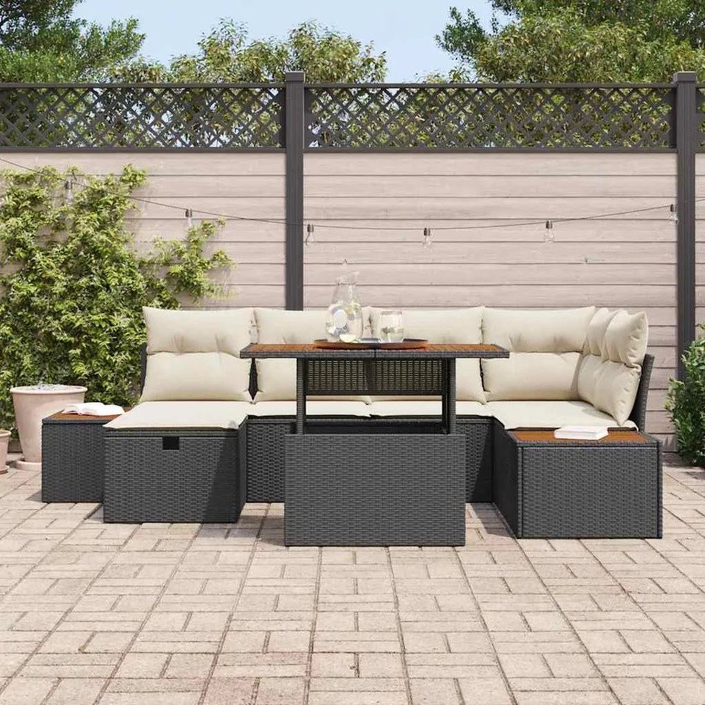 Conjunto de Sofá de Jardim com 7 Peças e Almofadas Preto em Rattan Pol
