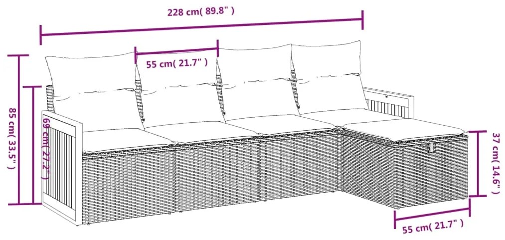 5 pcs conjunto sofás de jardim com almofadões vime PE preto