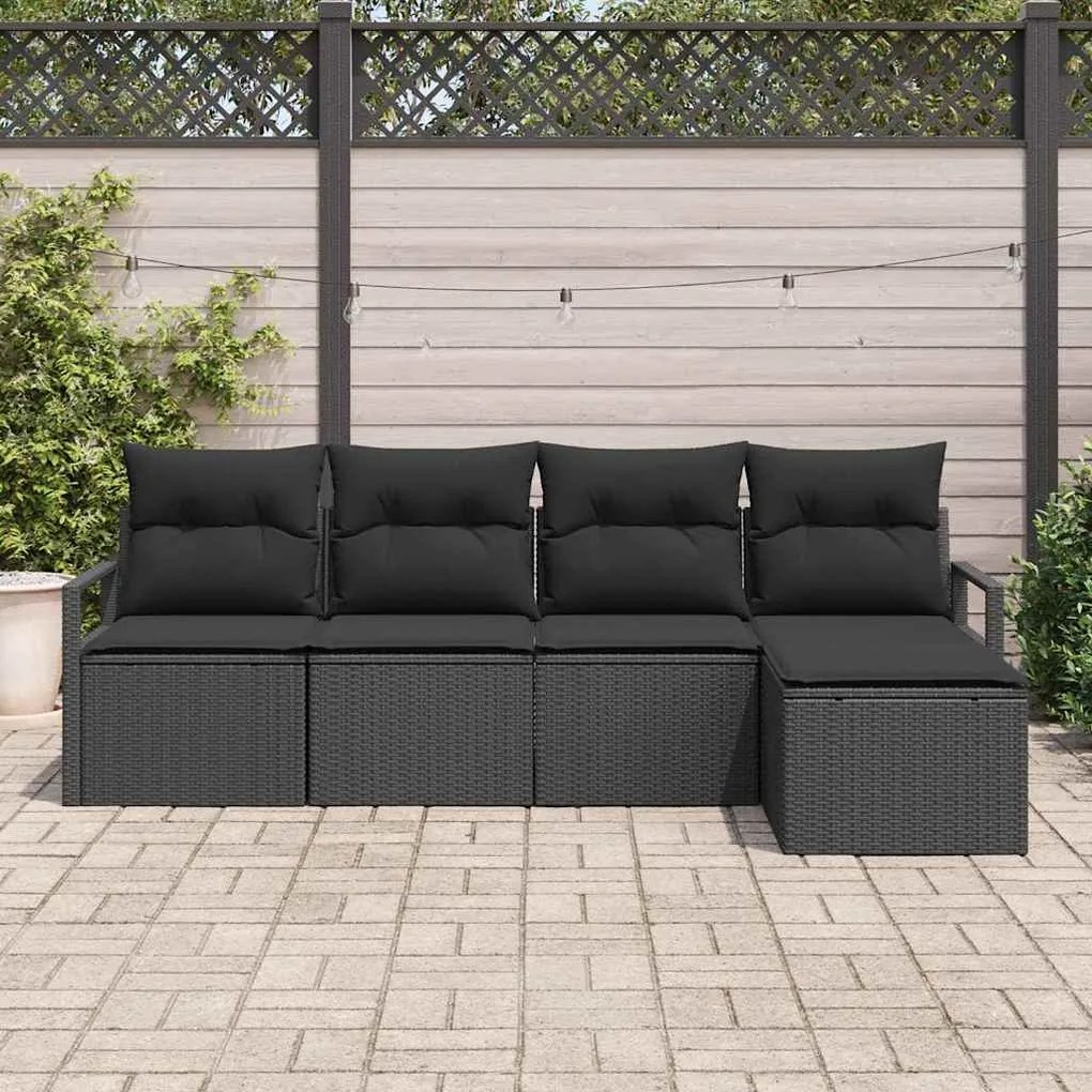 Sofá de Jardim 5 Peças com Almofadas Pretas em Rattan Sintético