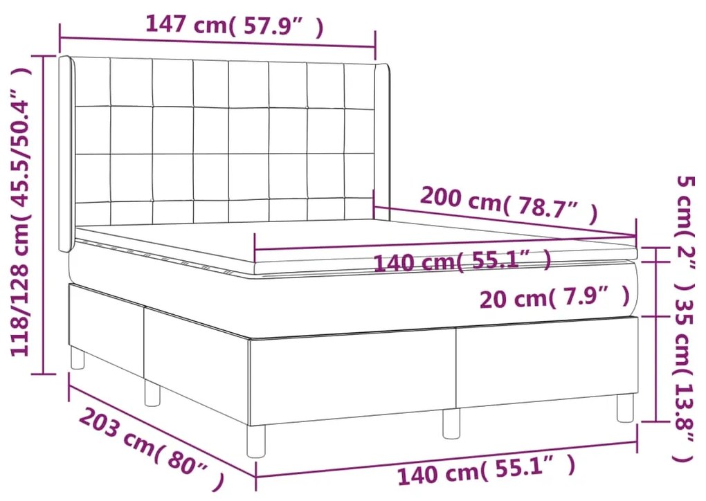 Cama box spring c/ colchão/LED 140x200 cm veludo rosa