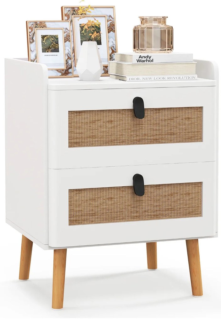 Mesa lateral moderna com 3 gavetas decoradas em rattan - branca
