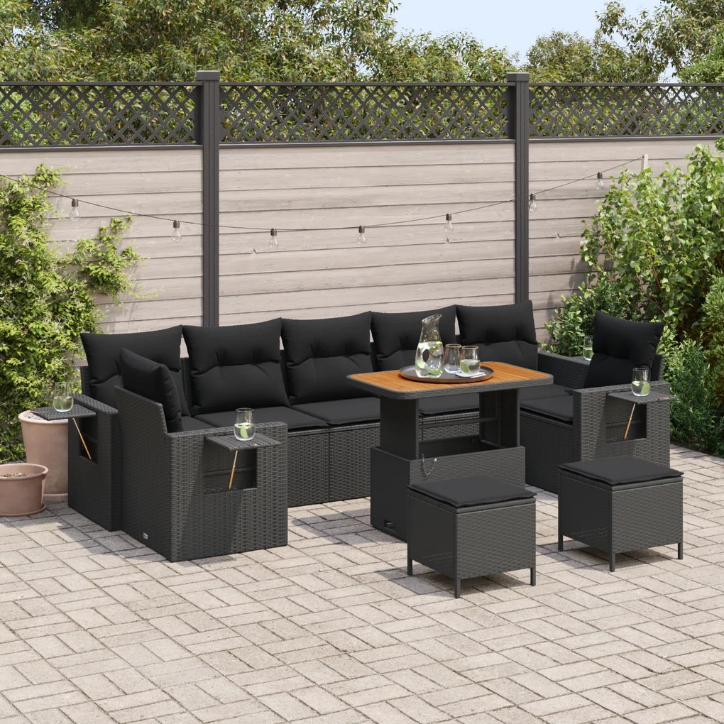 Conjunto de Sofá de Jardim de 10 Peças com Almofadas Rattan Poli Preto