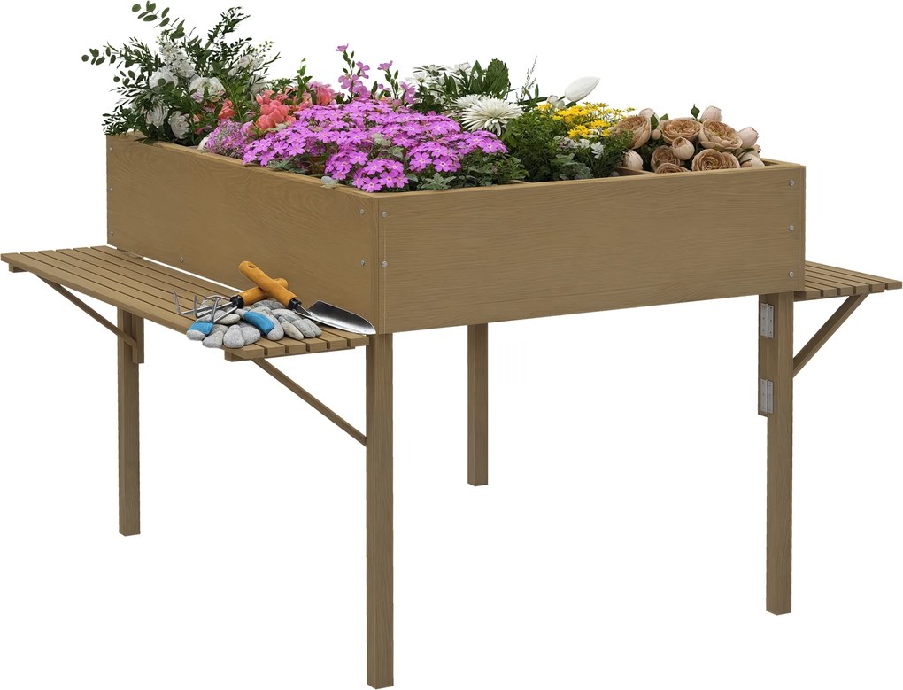 Floreira retangular com pés - 12 compartimentos 122 x 91,5 x 89 cm prateleiras laterais rebatíveis e revestimento em tecido não tecido castanho