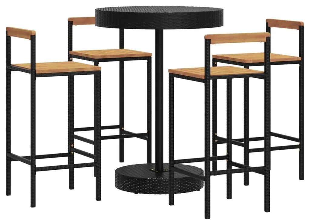5 pcs conjunto de bar p/ jardim vime PE/acácia maciça preto