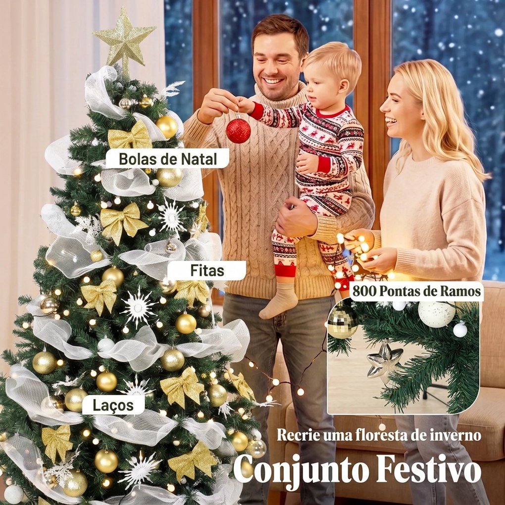 Árvore de Natal 180 cm com 200 luzes LED, 8 modos, 800 ramos e comando, verde