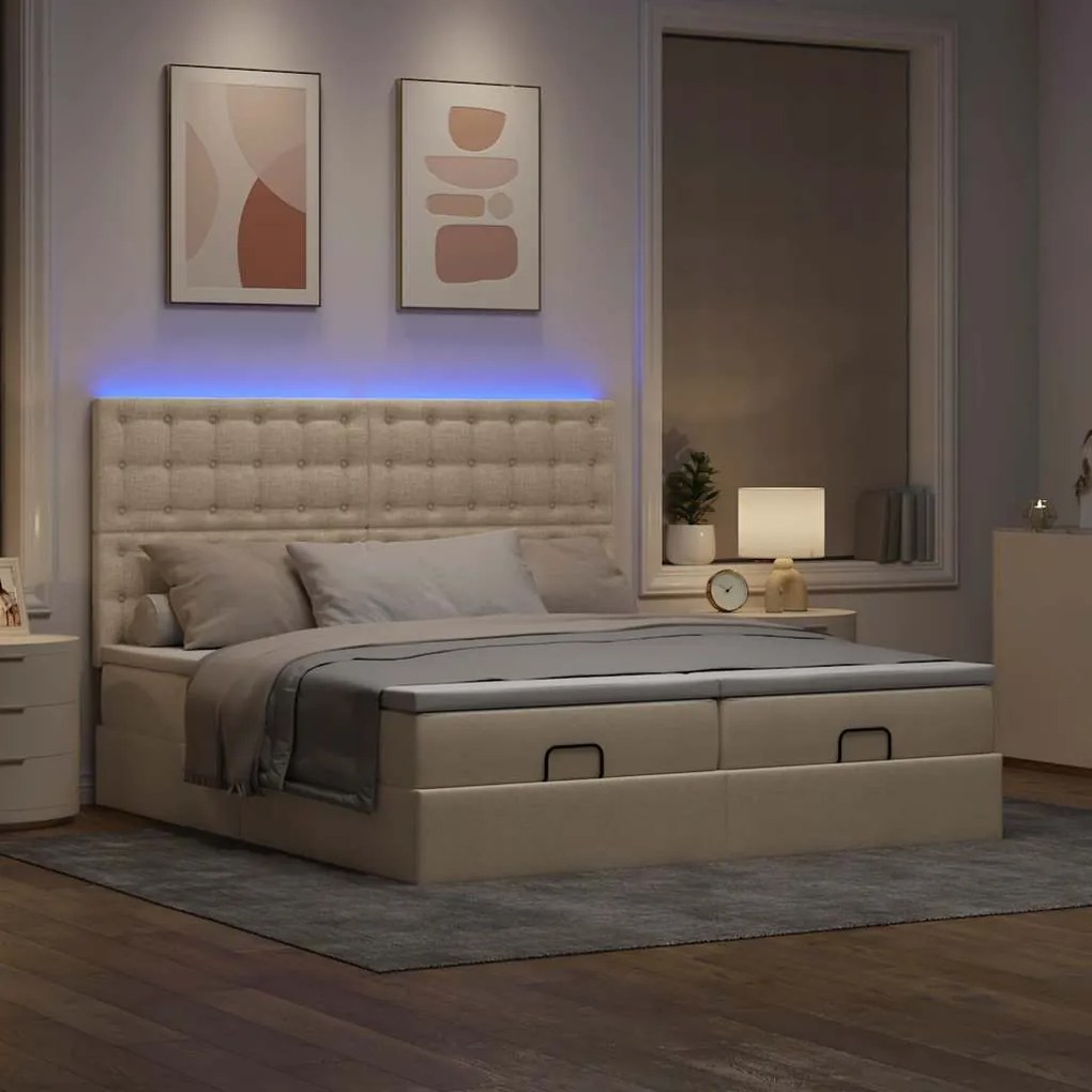 Estrutura de cama otomana com colchões tecido creme 200x200cm