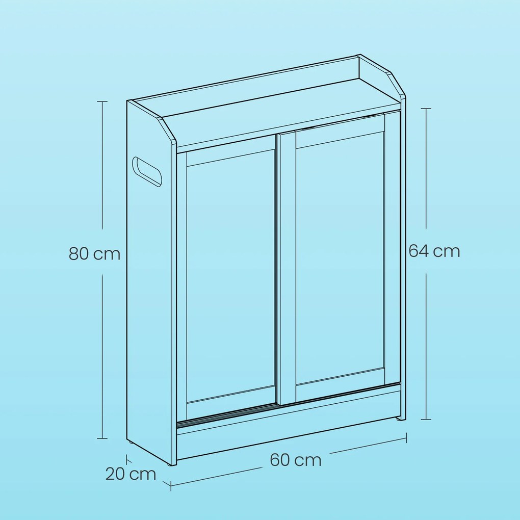 Armário de casa de banho estreito com portas de correr 20 x 60 x 80 cm, prateleiras ajustáveis e suporte para papel higiénico Branco
