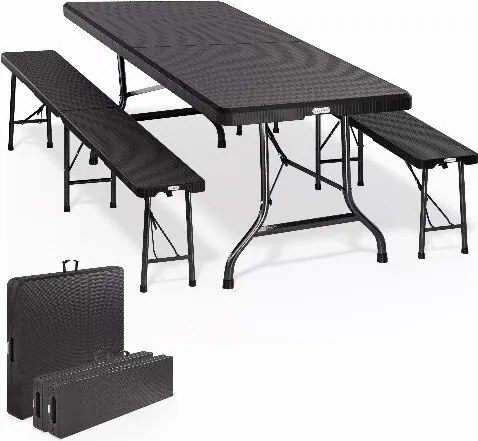 Conjunto de mesa e banco para Campismo Malmö, efeito rattan, preto
