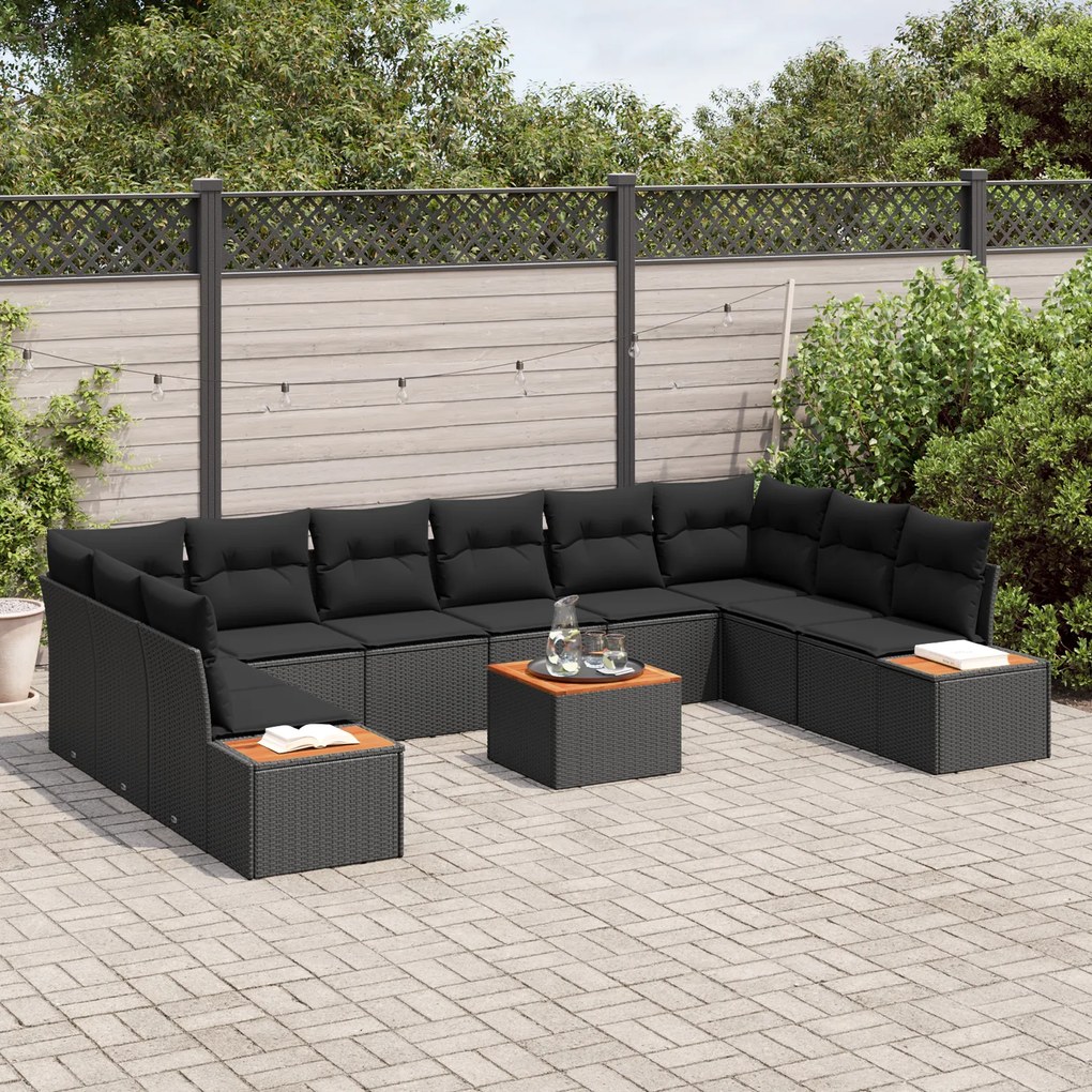 Conjunto de Sofá de Jardim vidaXL com 11 Peças e Almofadas Preto de Ra