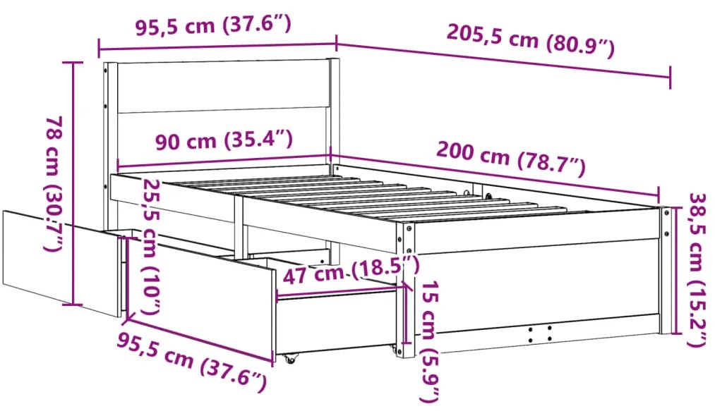 Cama sem colchão 90x200 cm madeira de pinho maciça