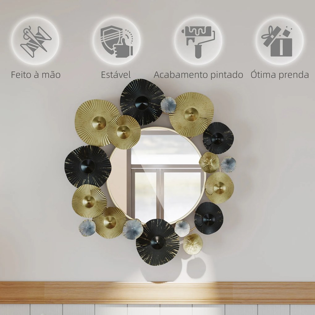 Espelho Decorativo de Parede Metálico para Sala Quarto Corredor 84x84 cm Dourado e Preto