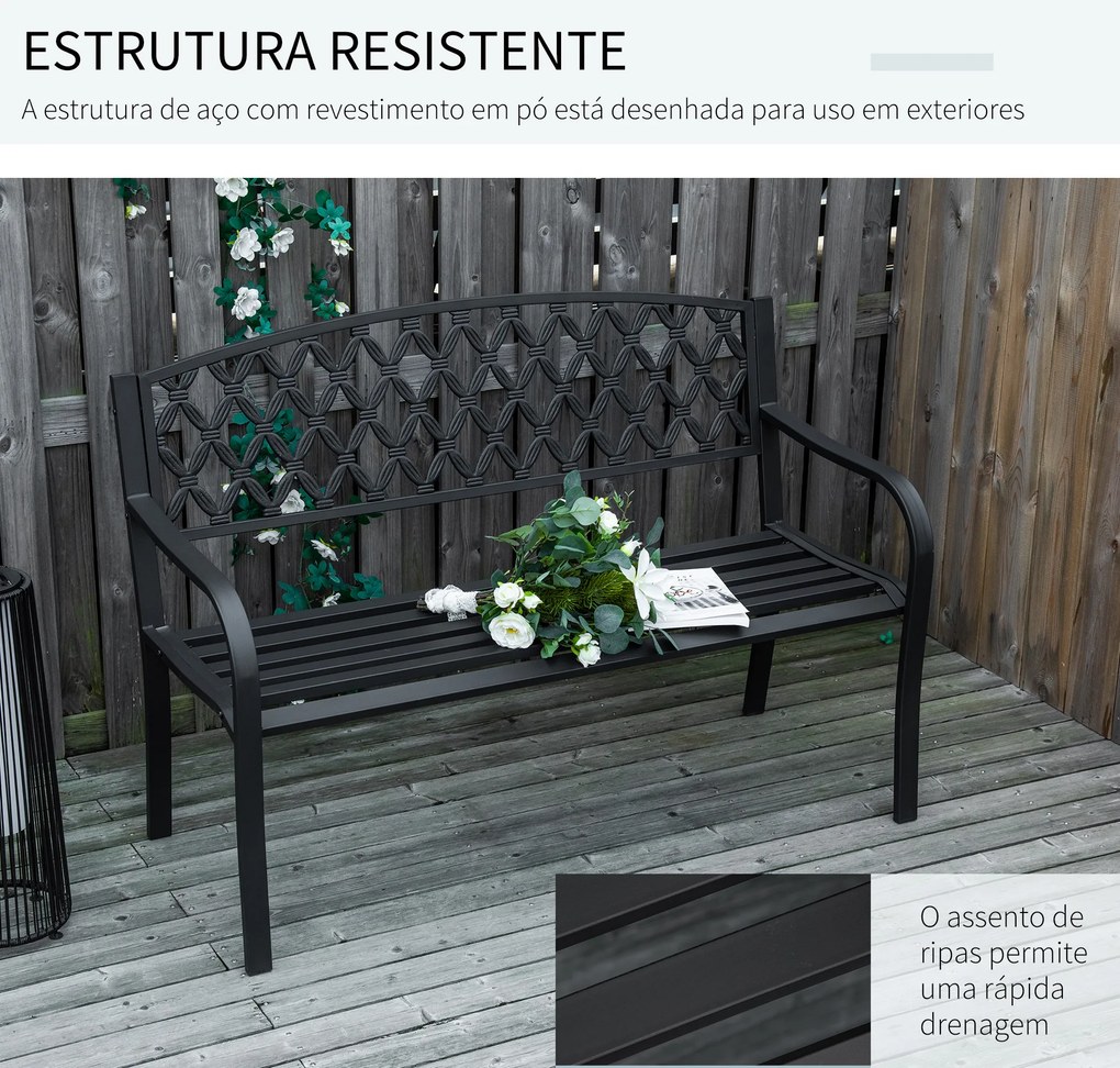 Banco de Jardim de 2 Lugares com Encosto Decorativo e Apoio para os Braços para Terraço Varanda Pátio Exterior Carga 280kg Ferro Fundido e Aço 128x58,