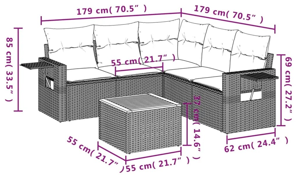 6 pcs conjunto de sofás p/ jardim com almofadões vime PE bege