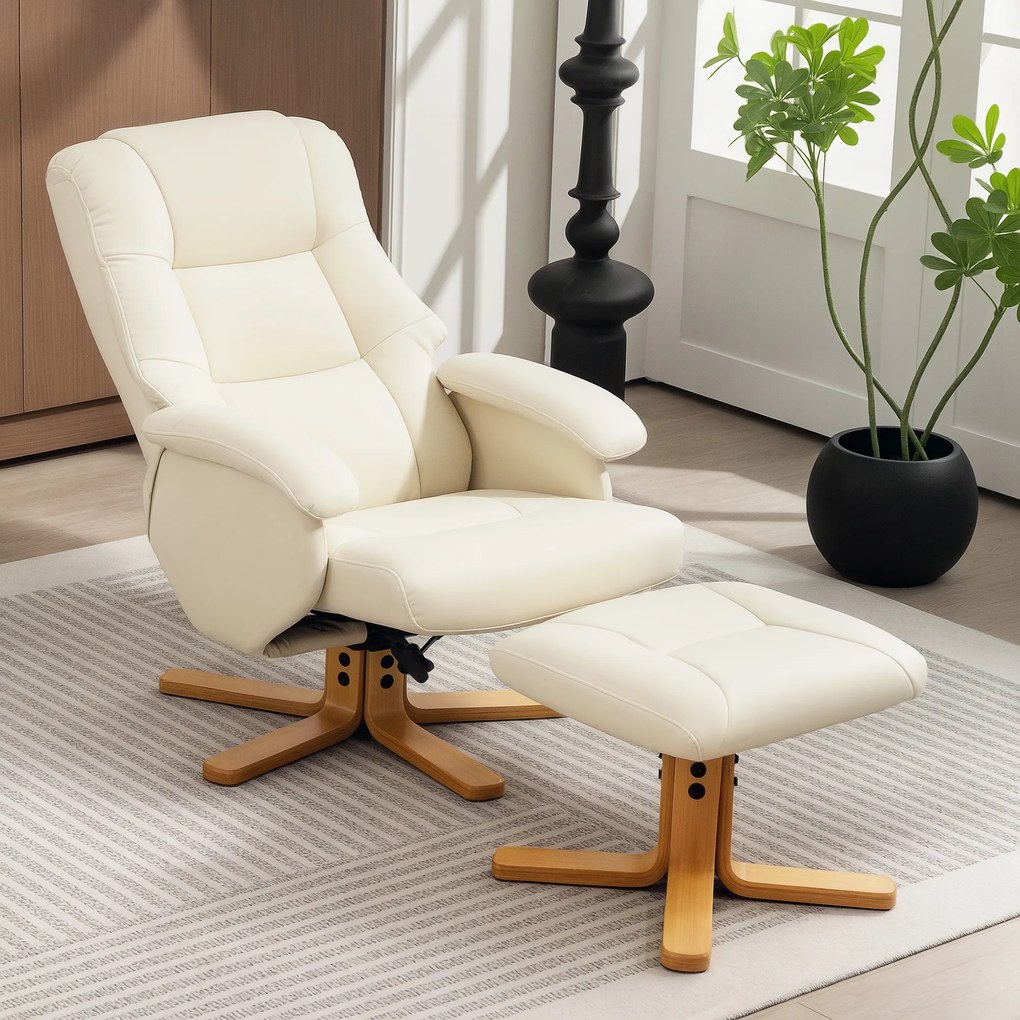Poltrona Relaxante com Apoio para os Pés, 85 x 68 x 94 cm, Giratório a 360°, Creme
