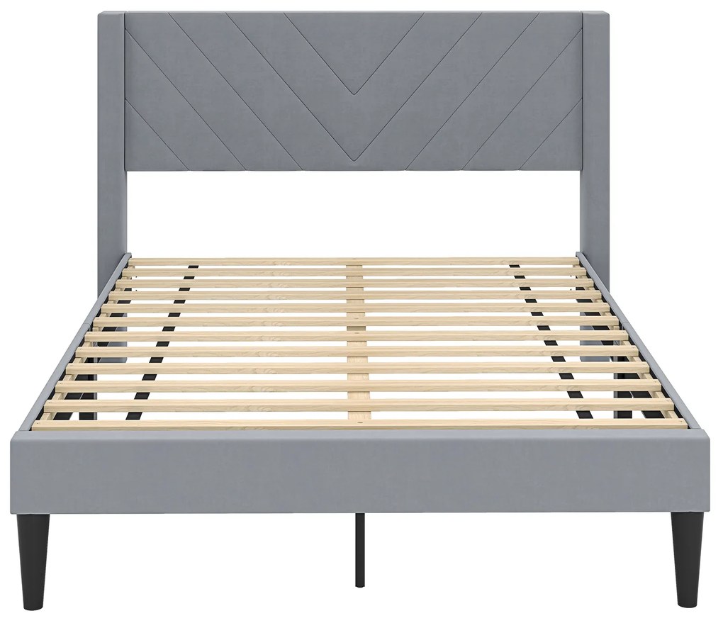 Cama de casal estofada com plataforma 200x140 cm com cabeceira de veludo e ripas de madeira, sem necessidade de box spring, cinza