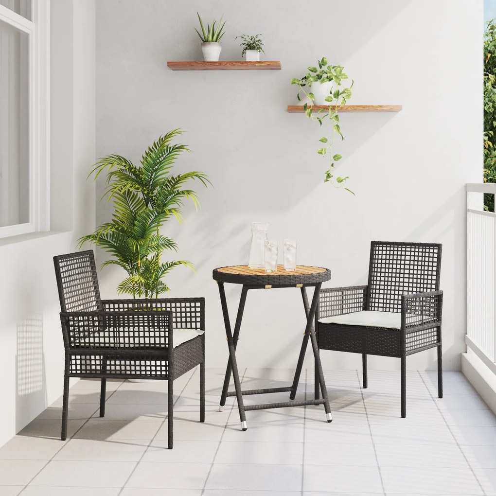Conjunto de Bistro de Jardim em 3 Peças com Almofadas Preto de Rattan Sintético