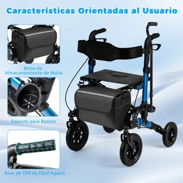 Andador dobrável com rodas para idosos, com assento, encosto, malha, suspensão por molas, suporte para bengala e bolsa, 4 rodas, preto + azul