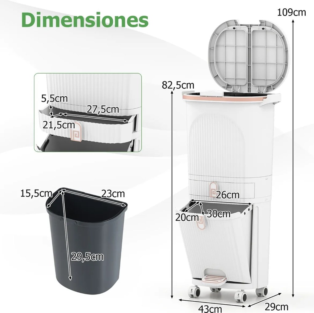 Caixote do lixo de 42 L com 2 caixotes removíveis, gaveta com pedal e rodas para sala, cozinha e casa de banho, branco