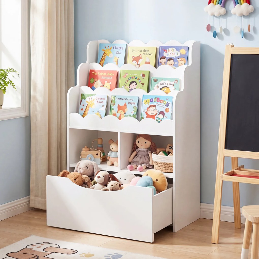 Estante Infantil para Brinquedos, 30 x 60 x 91 cm, Gaveta Removível com Rodas, Branco