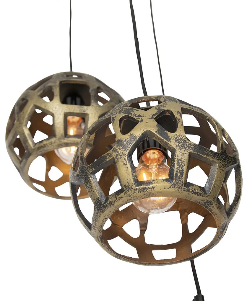 Candeeiro de suspensão industrial dourado antigo redondo 3 luzes - Bobby Industrial