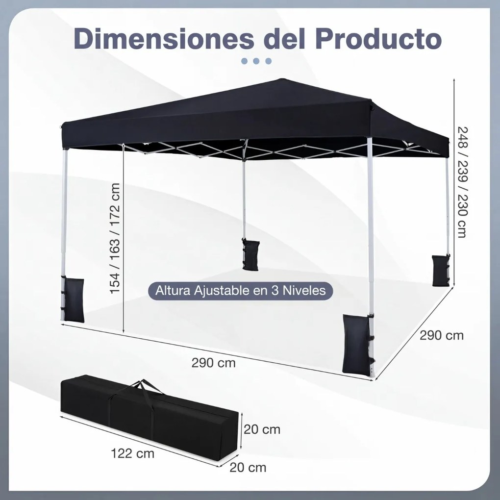 Tenda dobrável instantânea de 3x3 m com 4 pesos areia, saco de transporte, proteção solar e Estrutura de aço para jardim, festas, eventos, na cor pret