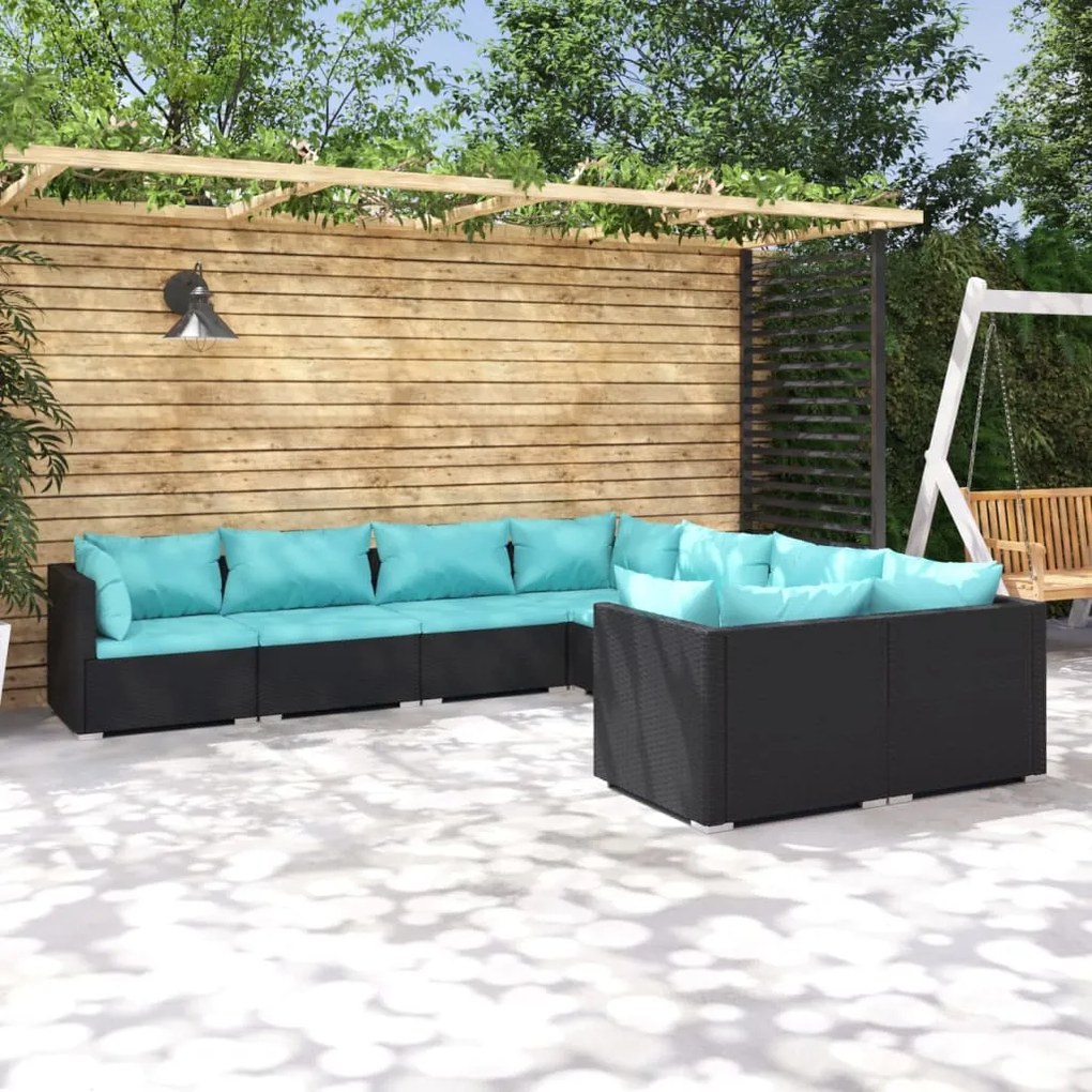 vidaXL 8 pcs conjunto lounge de jardim c/ almofadões vime PE preto