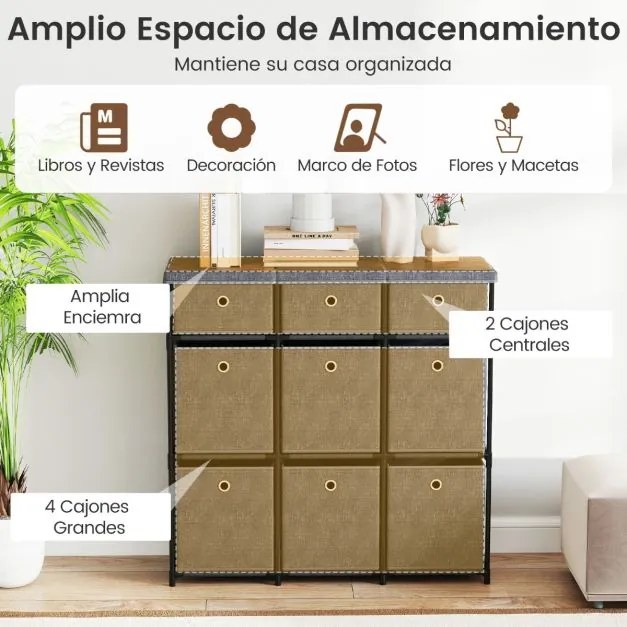 Cómoda com 9 gavetas 87 x 28 x 84 cm, estrutura metálica e cestos de tecido dobráveis para casa, cinza