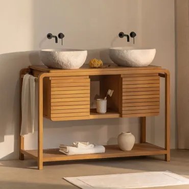 Conjunto De Móvel De Casa De Banho Em Madeira De Teca Bradley 2 X Irregular Em Cimento Branco ??40 Cm Fedro & Sem Espelho & 2 X Preto Mate - Sklum