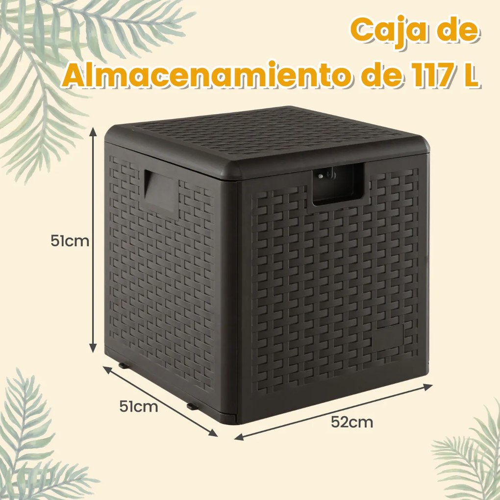 Caixa de armazenamento para jardim 117 L Caixa de armazenamento para exterior com tampa Carga 100 kg Contentor para almofadas Ferramentas de jardim 52