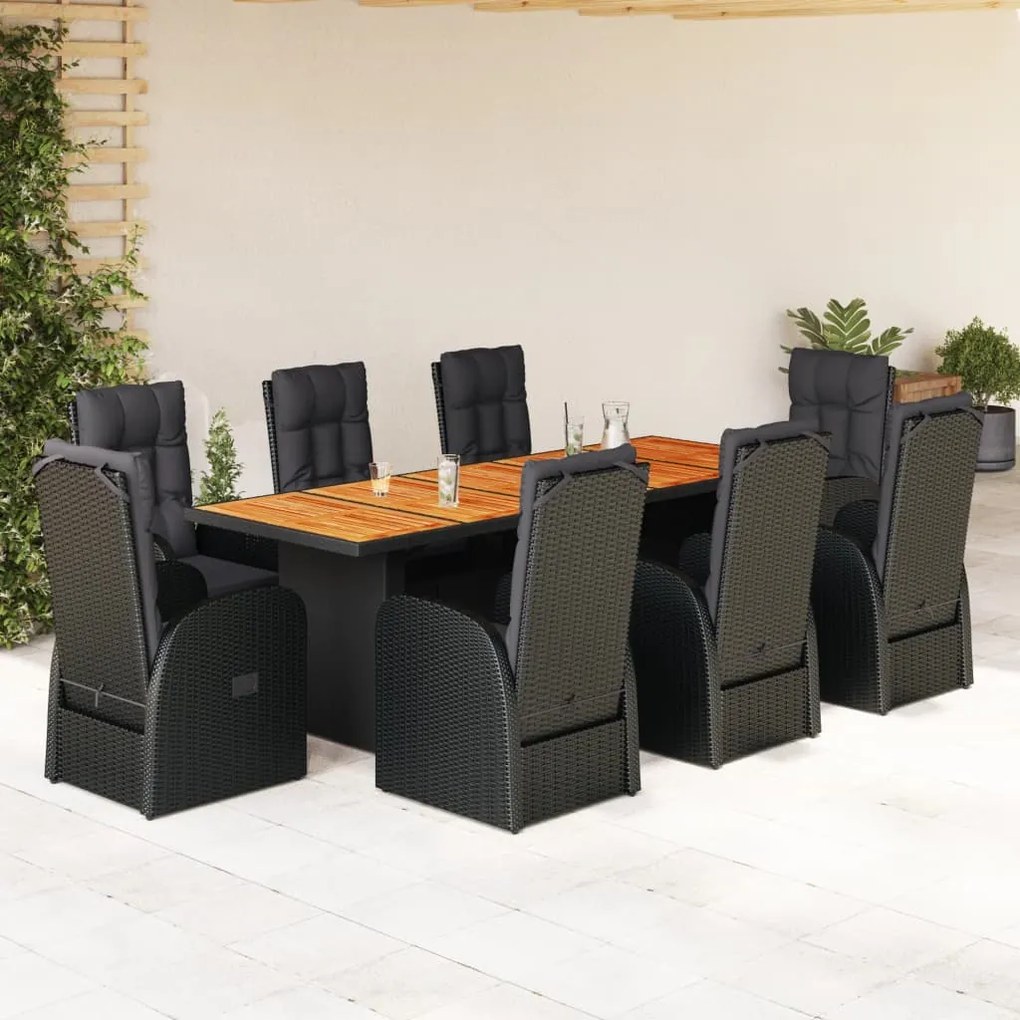 vidaXL 9 pcs conjunto de jantar p/ jardim c/ almofadões vime PE preto