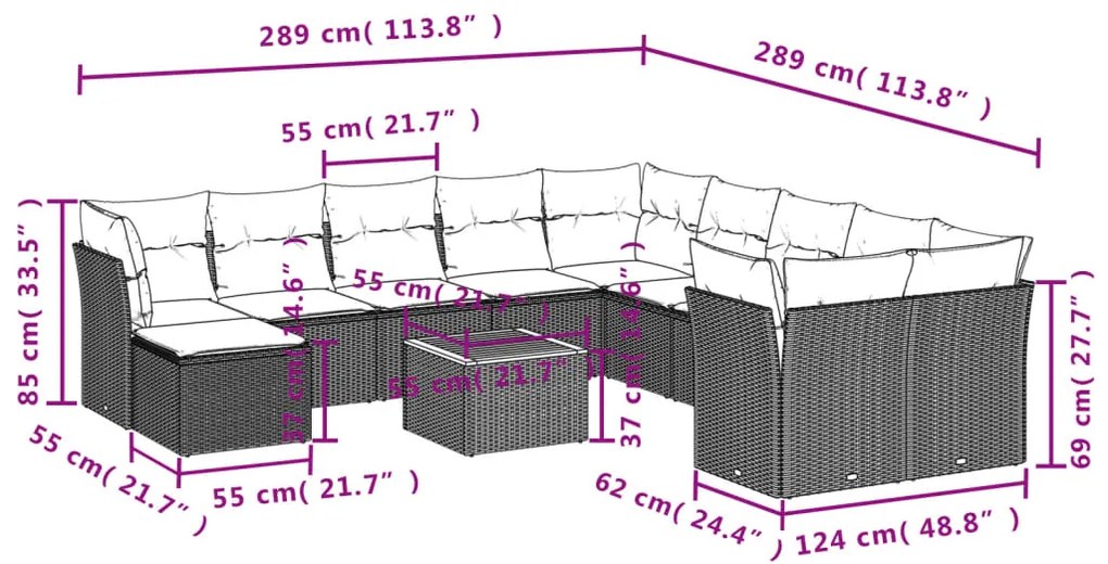 12 pcs conj. sofás jardim c/ almofadões vime PE bege misturado