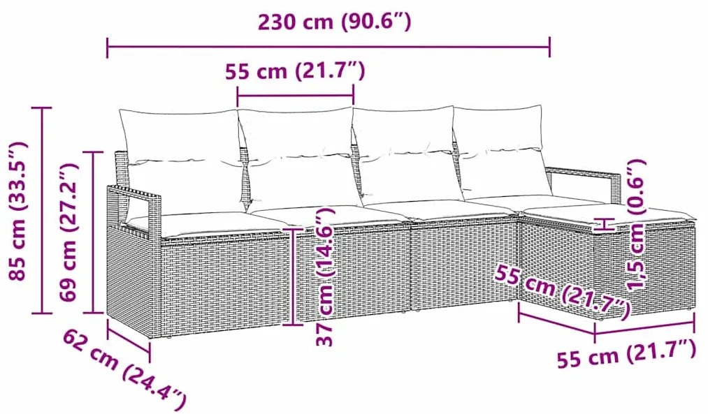 Sofá de Jardim 5 Peças com Almofadas Bege em Rattan Sintético.