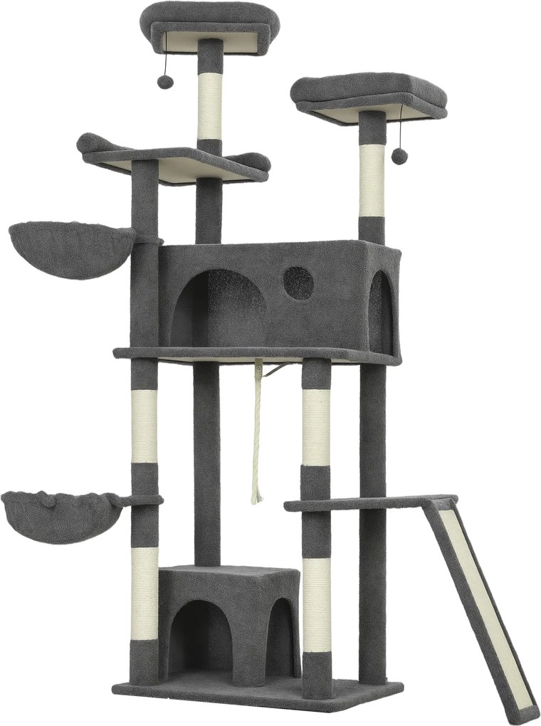 Arranhador para gatos com torre de brincadeiras, arranhador, 3 camas, 2 compartimentos abertos, plataformas e 3 brinquedos suspensos; altura: 174 cm;
